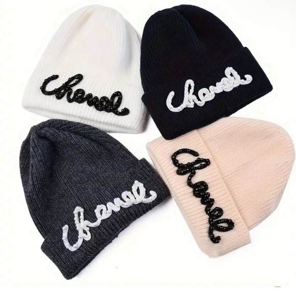 NEW! BLACK Script Pearl Beaded Letter Graphic Print Knit Beanie Hat Unisex - Picture 4 of 7